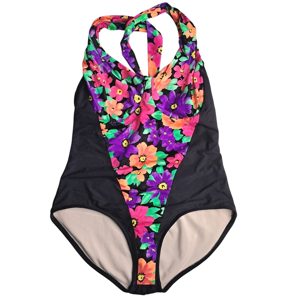 The Slimsuit One‎ Piece Swimsuit Women 16W Black Floral Halter Crossback